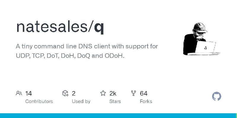▎q#github #dns #tools #工具 #LinuxA tiny command line DNS client with support for UDP, TCP, DoT, DoH, DoQ and ODoHLinux 可以直接 install 如debian系提权后可以直接使用 apt install q / apt-get install q 进行安装PS：有些人喜欢用 nslookup 查看，但q 超强的项目地址： 