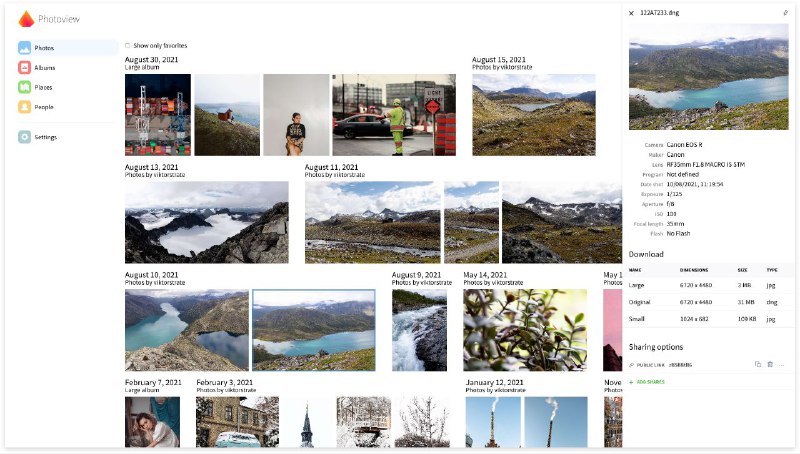 #GitHub #图像 #工具🖼️ Photoview - 开源自托管个人服务器照片库▎项目功能：照片库▎项目介绍：一个开源多媒体管理平台，专为本地服务器设计，支持照片和视频的自动索引、缩略图生成、标签管理和快速搜索