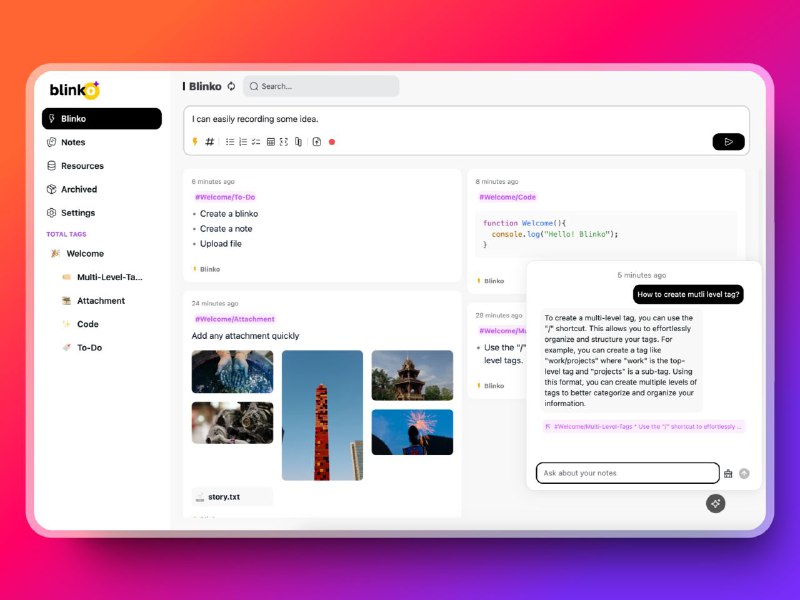 #GitHub #笔记🖋 Blinko - 开源自托管个人笔记工具▎项目功能：笔记工具▎项目介绍：一个开源的轻量级笔记应用，旨在帮助用户快速捕捉和整理灵感，支持纯文本和 Markdown 格式